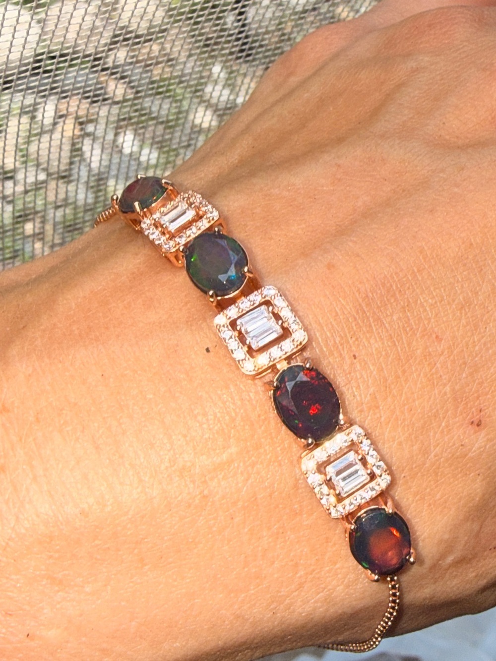 Natural Black Opal and Rose Gold Curb Link Bracelet with Accents - Black Opal